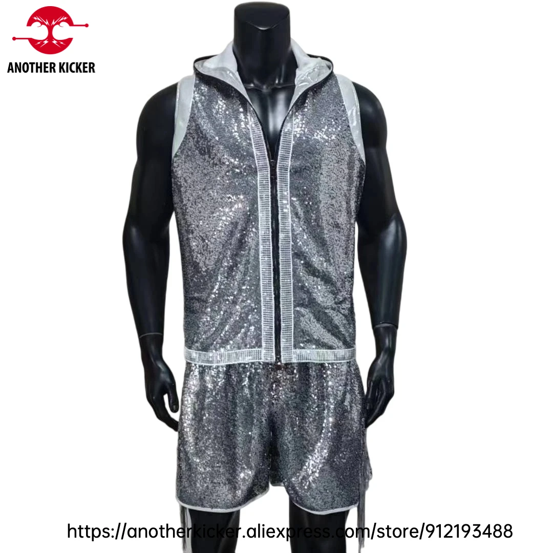 Boxing Robe & Shorts Set Sleeveless Hooded Boxing Gown Fringe Sequin Muay Thai Shorts Stylish Gear for MMA Training Performances