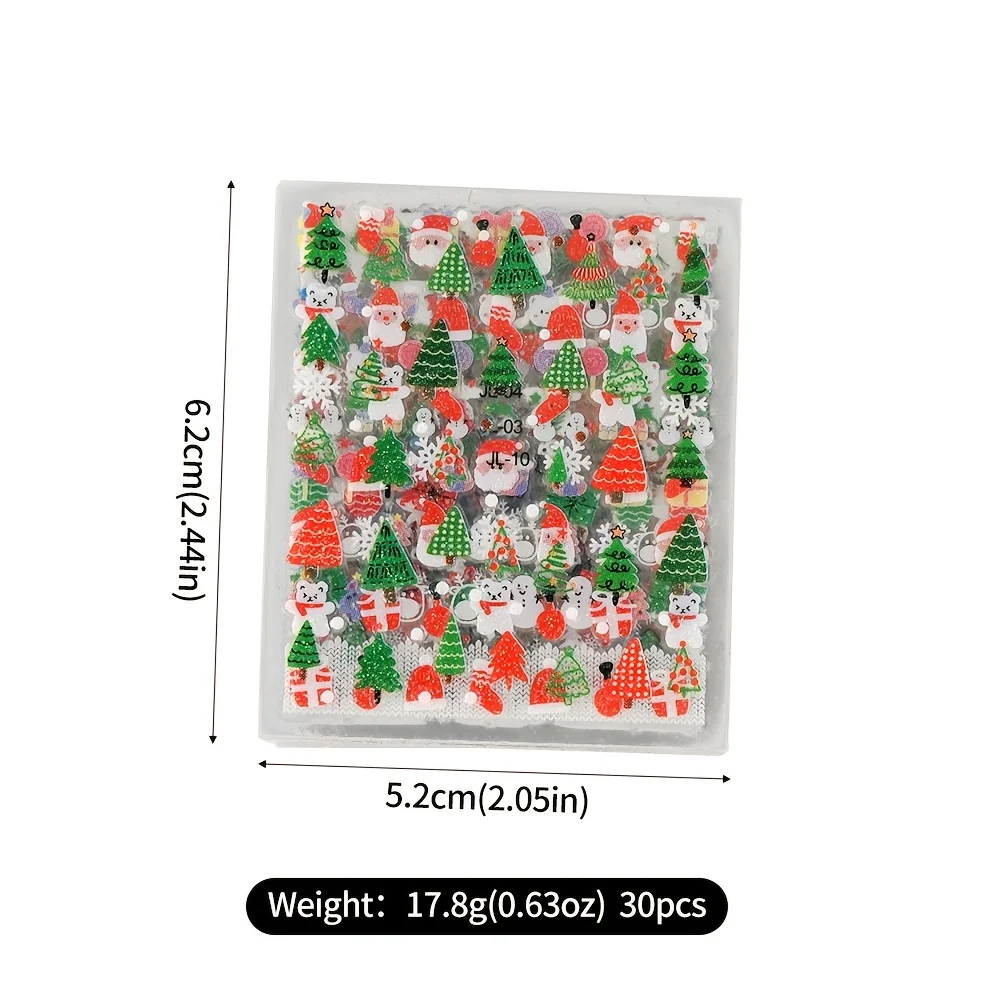 30개입 크리스마스 네일 아트 스티커 세트, 셀프 접착식, 일회용 데칼, 순록 크리스마스 트리 디자인, 귀여운 세미 매트 마감