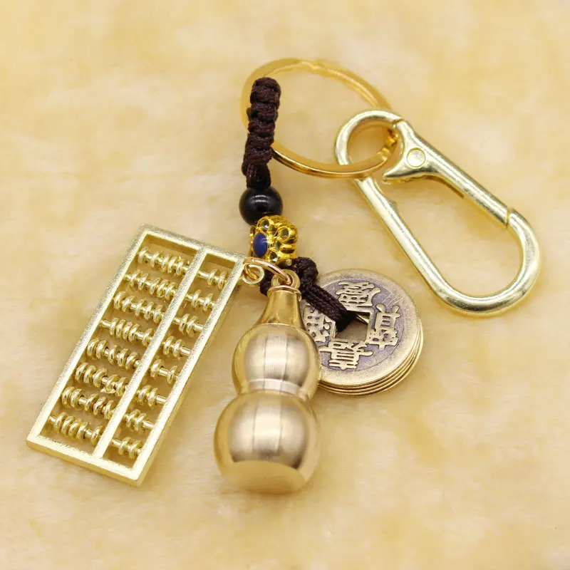 Brass Key Buckle Qing Dynasty Five Emperors' Coins Real Copper Gourd Open Movable Abacus Buckle Decorations Key Chain HandmadeDI