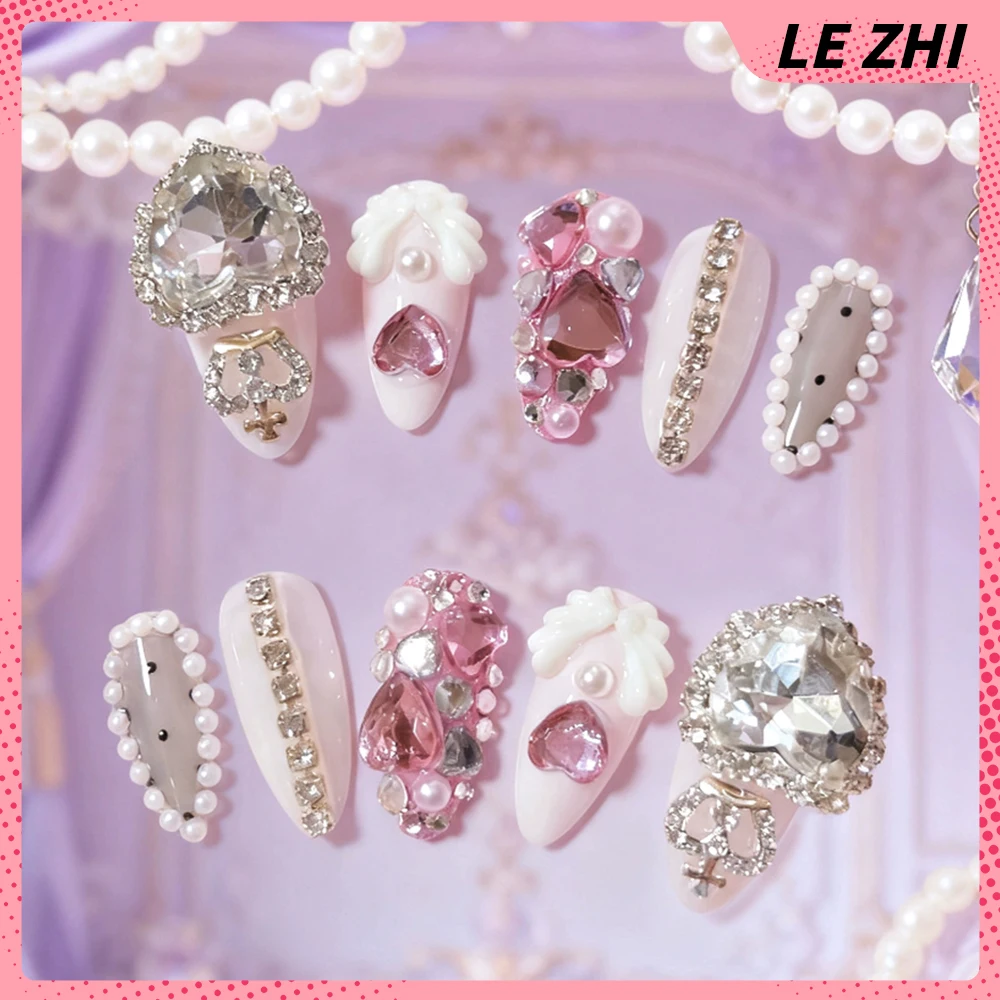 10Pcs Y2K Spice Girl Handmade Long Stiletto Wearable Press On Nail Cartoon Bear Bowknot Diamond Flower Pearl Ice Cream Fake Nail - view 4