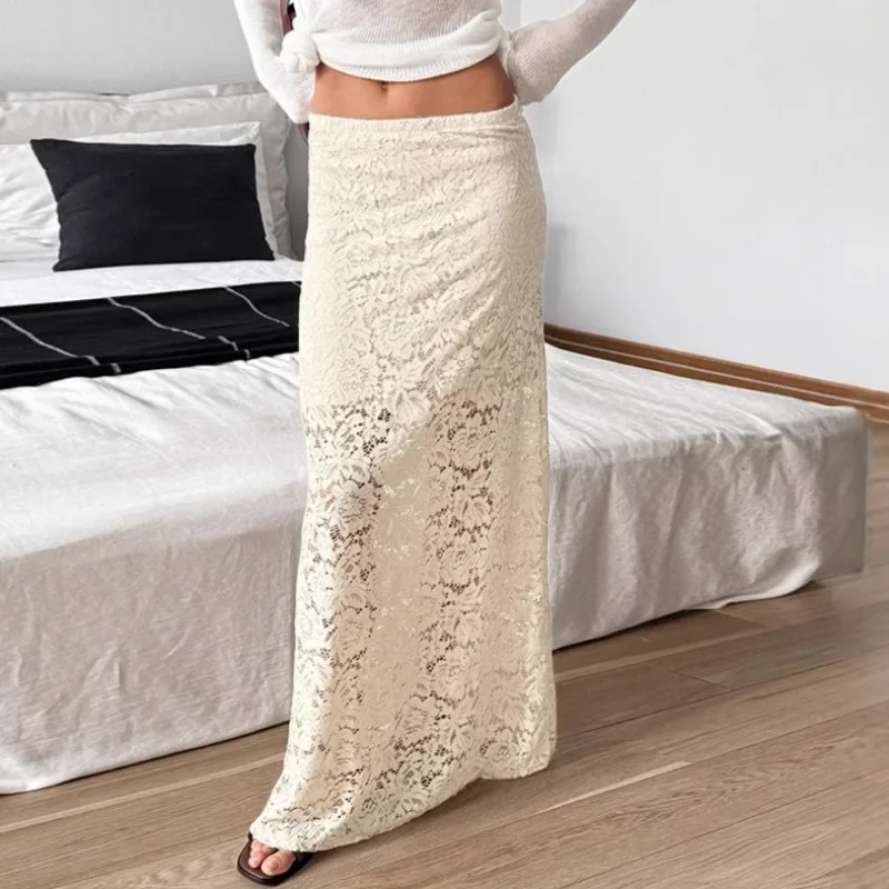 

Elegant Lace See-through Long Skirt Women's Sexy Patchwork Skirt Solid Casual Loose High Waist Slim Retro Long Skirt Y2k
