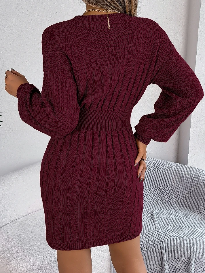 Damen-Pullover-Kleid, modisch, 2024, Winter, einfarbig, O-Ausschnitt, Ausschnitt, Laterne, lange Ärmel, schmale Passform, Hüfte, gewickelter Pullover, figurbetontes Kleid