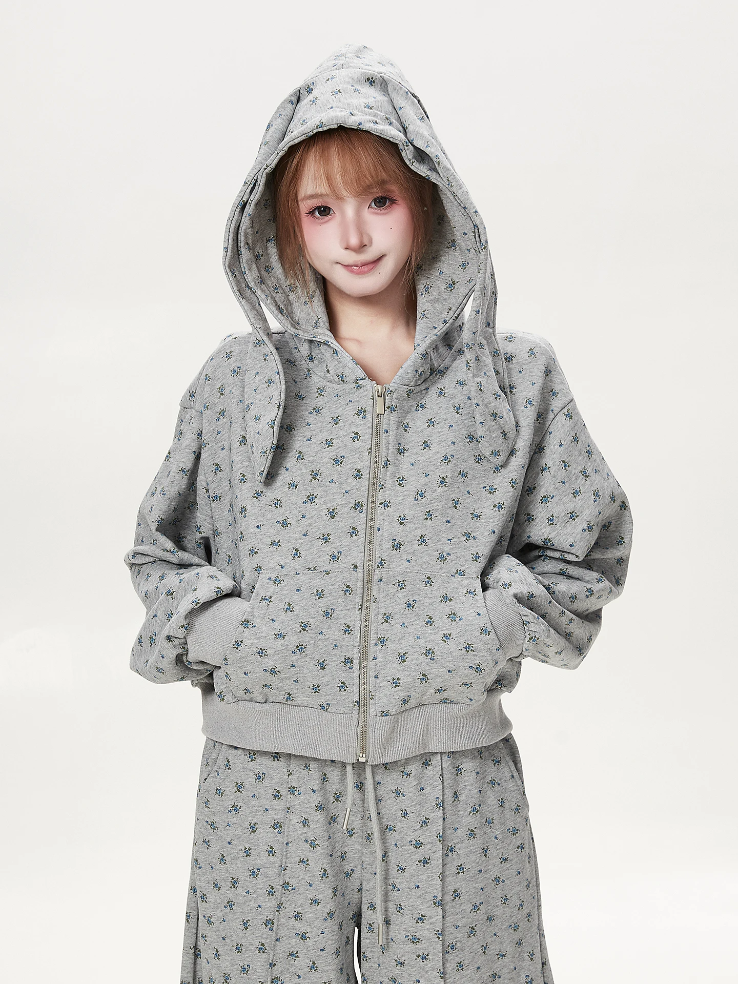 American Style Ant Flower Print Hooded Cardigan Women's Lazy Set Casual Pants Rabbit Ear Design Loose Fit Long Sleeve Jacket