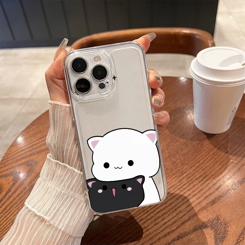 Cartoon Cat Duo Phone Case For iPhone 17 Air 16E 16 15 14 11 Pro Max Plus 13 12 Mini 8 7 X Transparent Shockproof Cover