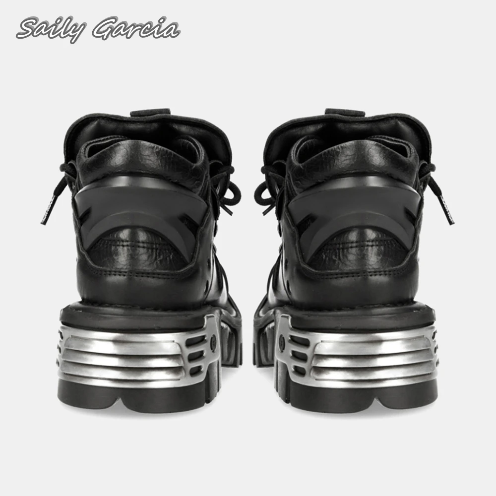 Black Metal Rivet Rock Punk Style Ankle Boots 2024 Y2K Large Size Lace Up Cool Girl Boots Round Toe Chunky Heel Casual Boots