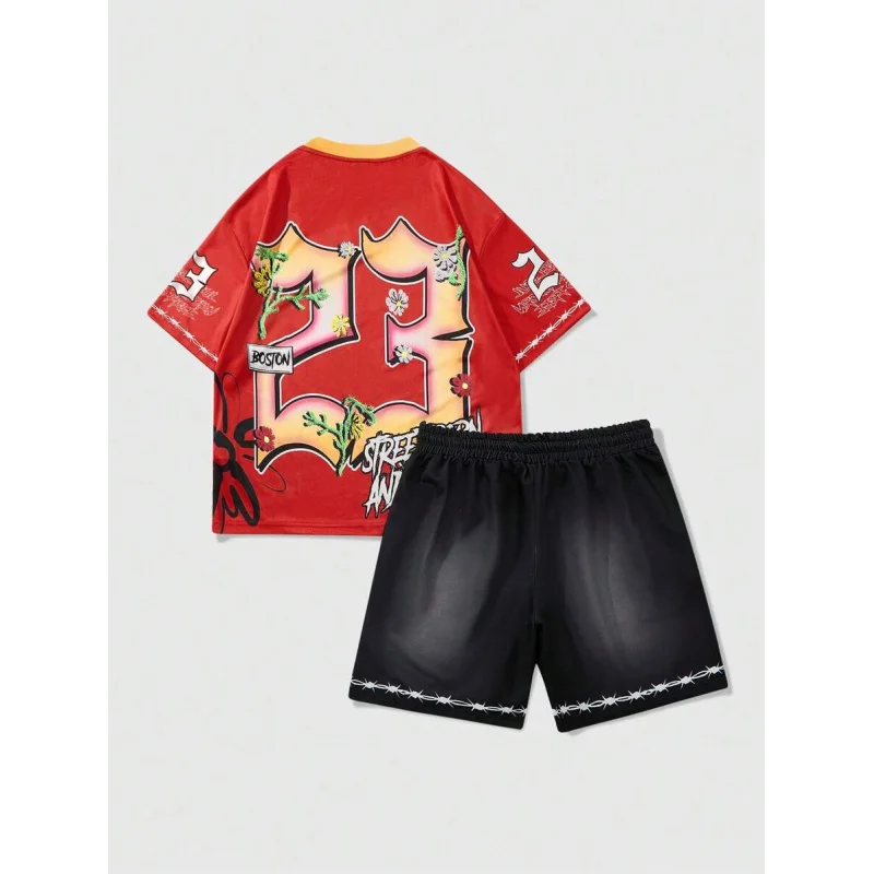 MEN Prep 2pcs/Set Men's Y2K Jersey Street Graphic Print Short Sleeve T-Shirts, Suitable For Everyday Wear In Spring/Summer