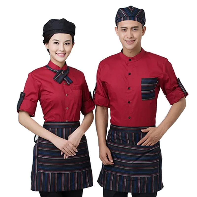 Full Sets Restaurant Waiter Uniform Hat+Shirt+Apron Coffee Shop Waitress Uniform Men Cook Clothing Hotel Bakery Work Wear 89