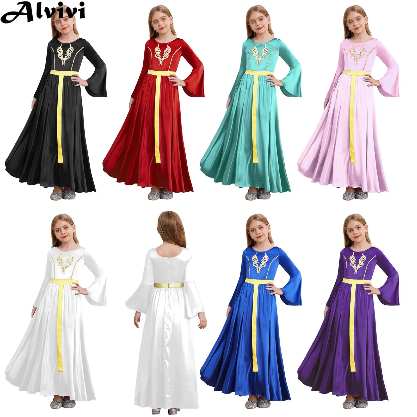 

Children Girls Flare Sleeve Sequins Retro Medieval Princess Dress Halloween Carnival Renaissance Royalty Queen Cosplay Costume