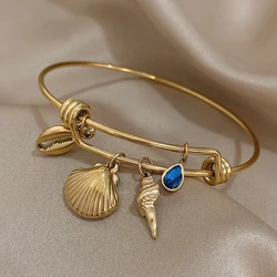 AENSOA Summer Shell Conch Charm Pendant Bangle for Women Stainless Steel Adjustable Bracelet Holiday Beach Jewelry Pulsera Mujer