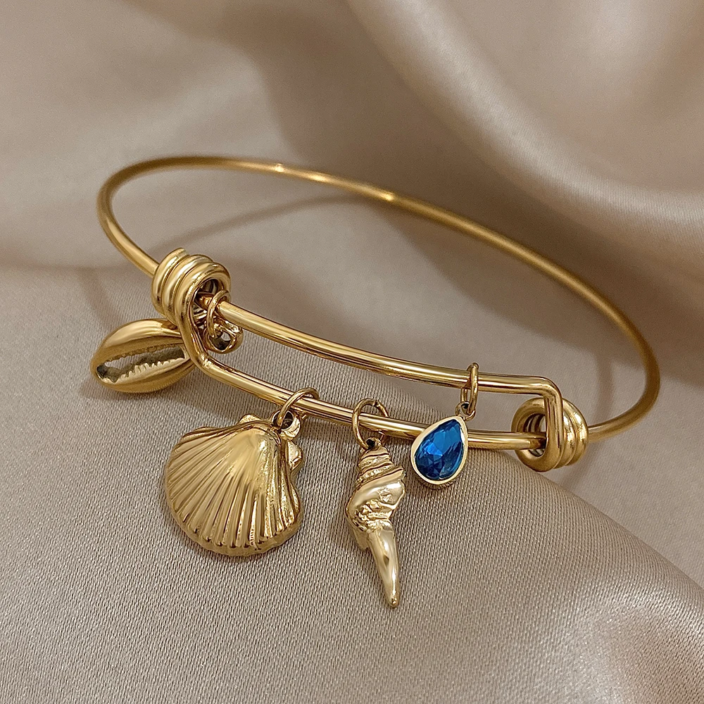 AENSOA Summer Shell Conch Charm Pendant Bangle dla kobiet Regulowana bransoletka ze stali nierdzewnej Biżuteria plażowa Pulsera Mujer