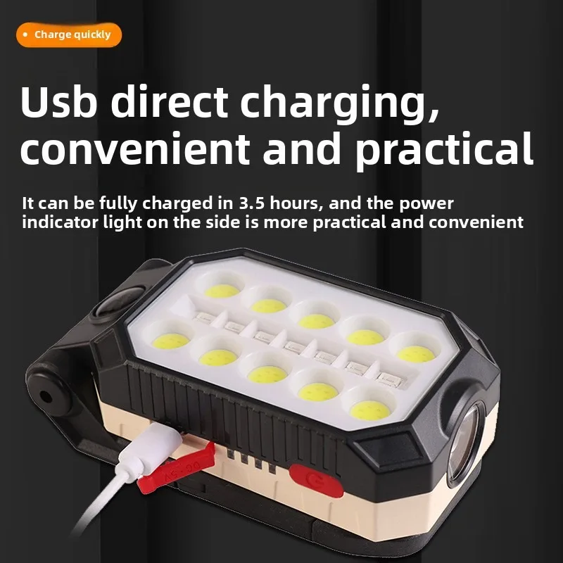 ضوء عمل فحص COB: خطاف مغناطيسي قابل للطي، محمول قابل لإعادة الشحن، مصباح يدوي خارجي للطوارئ باللون الأحمر والأزرق