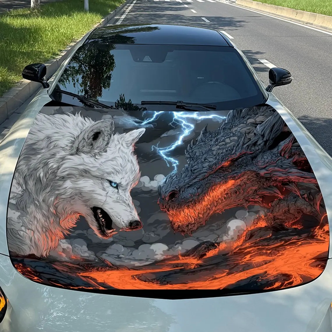 

Frost Wolf & Flame Dragon Thunder Domain Duel Car Vinyl Wrap, PVC Material Waterproof Car Hood Sticker, Self-Adhesive Scratch-Re