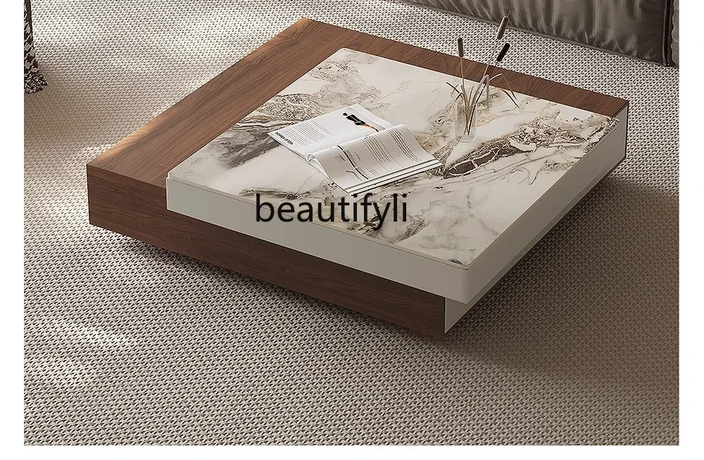 

Italian minimalist coffee table rock slab square rotating living room household small apartment storage, modern simple B3