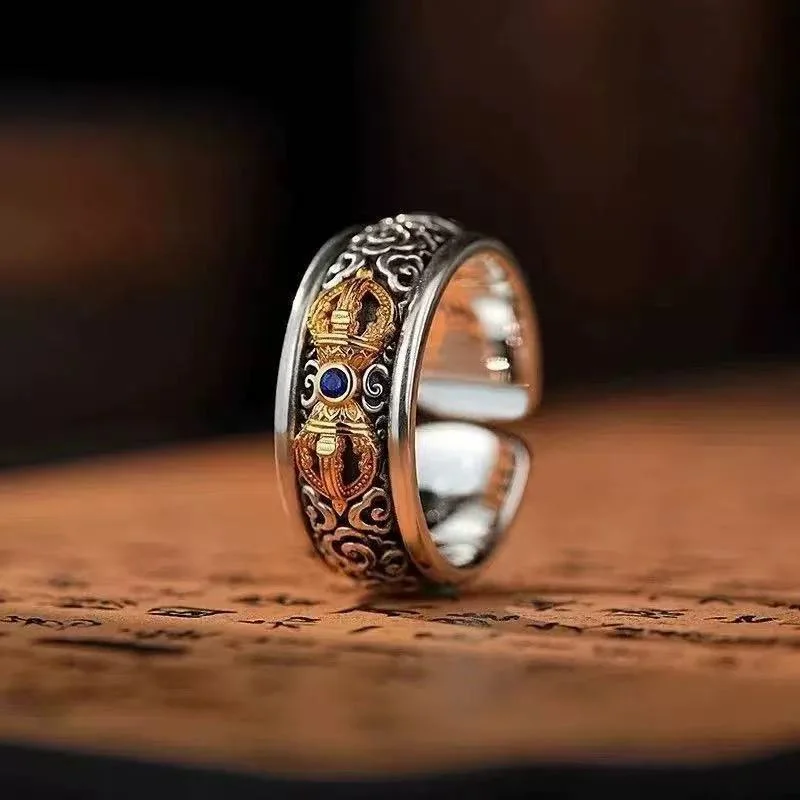 OUYADI S925 Sterling Silver Vajra Pestle Open Ring For Men Women Retro Amulet Protection Ring Fashion High‑End Jewelry Gift