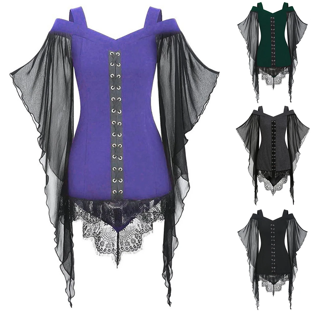 

Женские топы, блузки, готические кружевные топы с рукавами-бабочками, большие размеры, женские костюмы для косплея на Хэллоуин с v-образным вырезом
