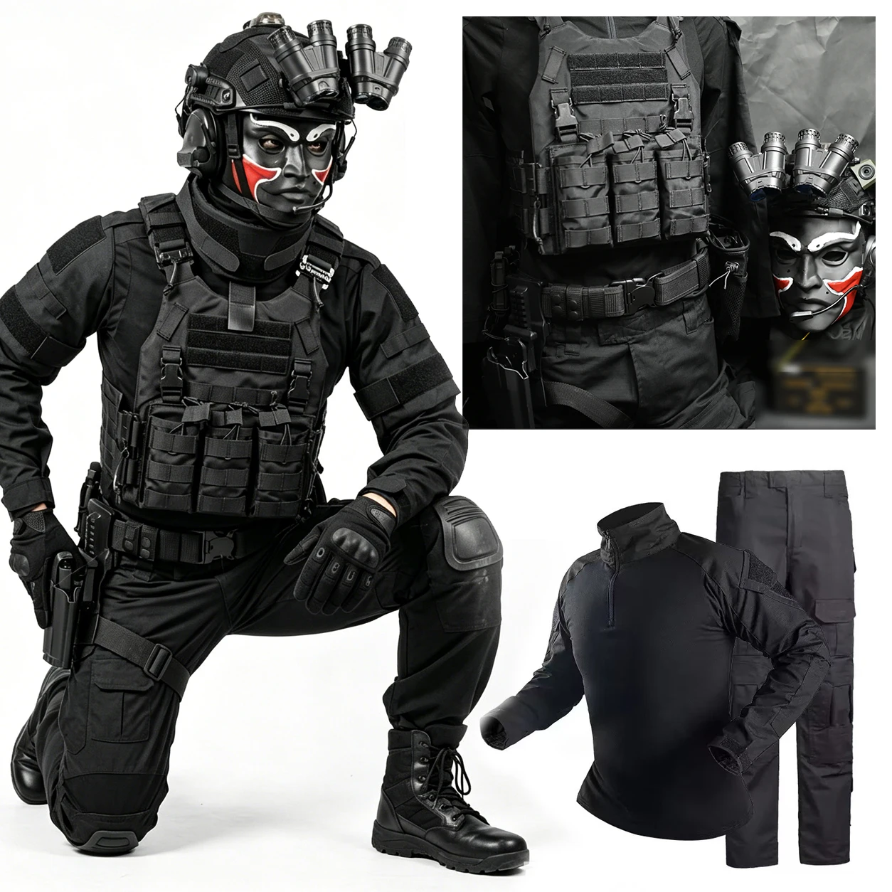 Full Set Tactical Vest Helmet Belt with Mask Airsoft Gear Delta Force Style Cosplay Costume for Gaming CS Wargame Combat