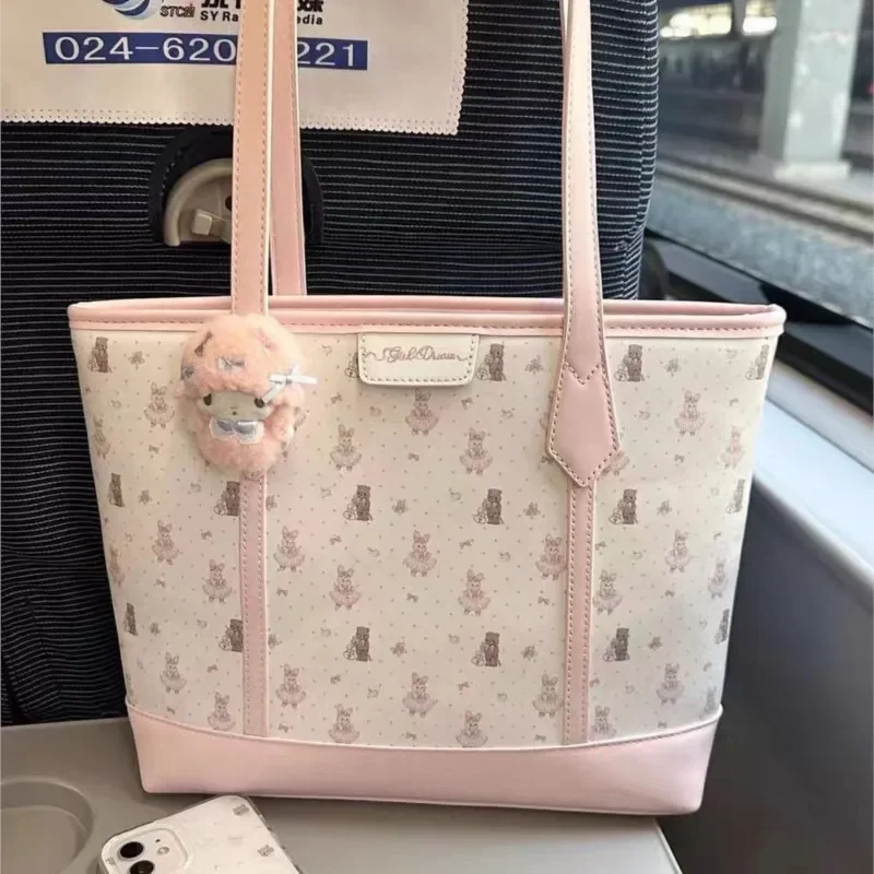 

2025 Harajuku Aesthetic Retro Pink Print Tote Bag Women Large Capacity Versatile Shoulder Bag & Wallet cute-themed bag