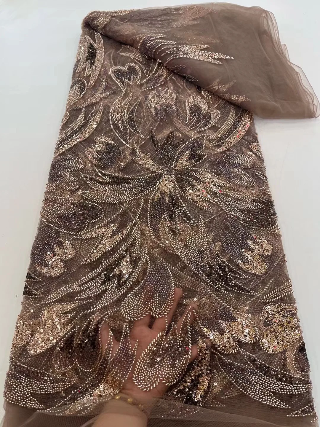 2025 5 Yards Luxury High-end Beaded Fabric Heavy Sequins Embroidery Fabric Fashion French Tulle Mesh Lace Fabric for Wedding