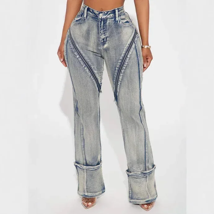 Modne, seksowne, elastyczne jeansy damskie z wysokim stanem, cienkie, z szerokimi nogawkami, zapinane na zamek, pikantne, modne, fajne spodnie typu \"bogini\".