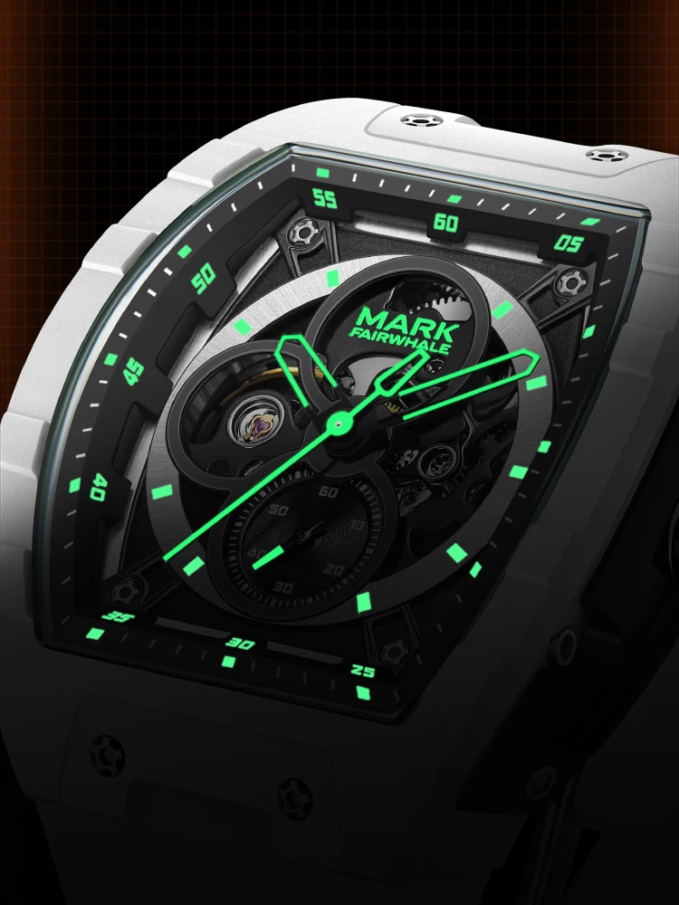 Mark Fairwhal Men Automatic Watch 47mm*52mm Tonneau Mechanical Wristwatch Resin Case Luminous Skeleton Dial