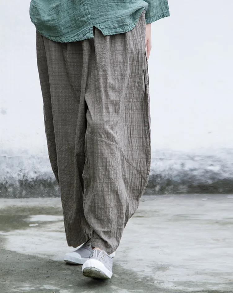 Johnature Casual All-match Full Length Wide Leg Pants 2026 Summer New Cotton Linen Elastic Mid Waist Patchwork Plaid Women Pants