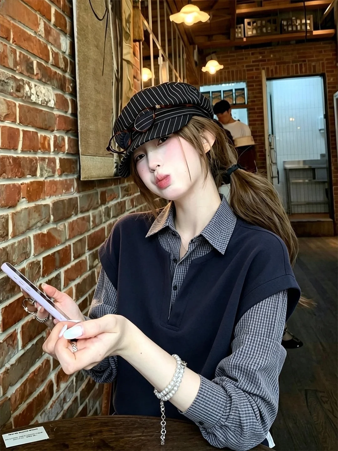 Trendy Plaid Loose Long Sleeve Women's Shirt Casual Style Fake Two-Piece Design Autumn Fashion Versatile Blue Checkered Top