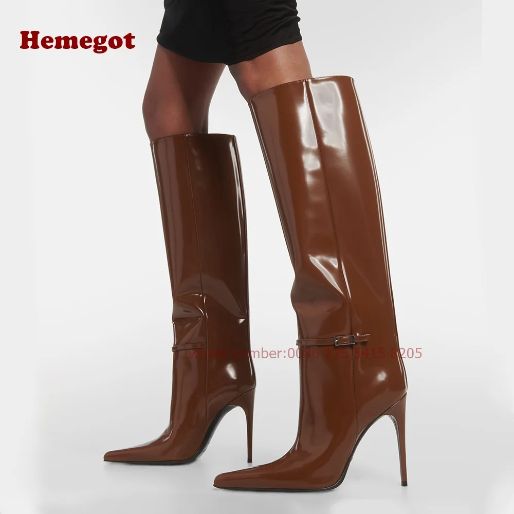 Auburn Belt Buckle Knee High Boots Pointy Toe Thin Heels Women's Boots Winter 2024 New Warm Casual Runway Shoes Solid Glossy