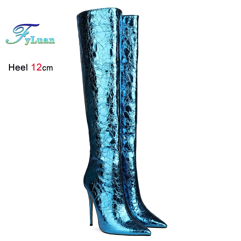 

New Glossy Bright Blue Stiletto Pointy Boots For Women 12CM High Heels Rear zipper Europe and America Star Shoes Sexy High Boots