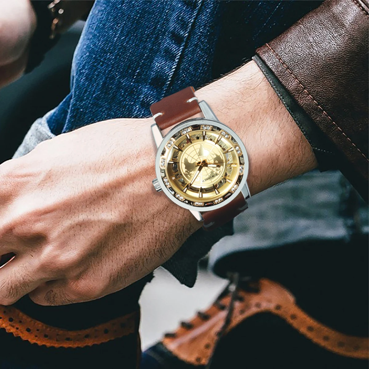 WINNER Retro Skeleton Watches Luminous Hands Iced Out Case Business Mechanical Watch for Men Leather Strap Classic Wristwatches