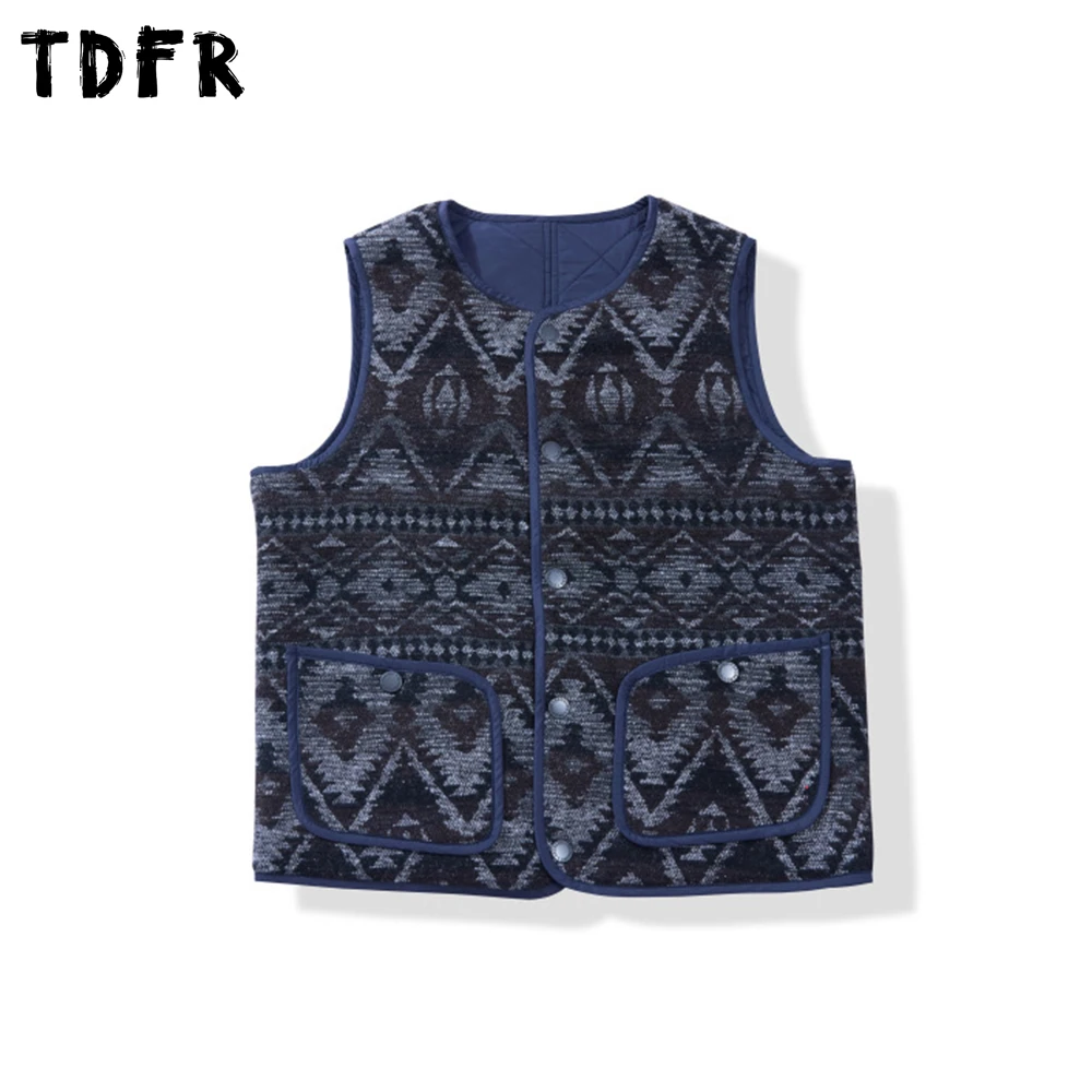 

Double-sided Quilted Vest Mens Autumn Winter Fair Isle Pattern Retro Casual Crew Neck Single Breasted Sleeveless Vest Man