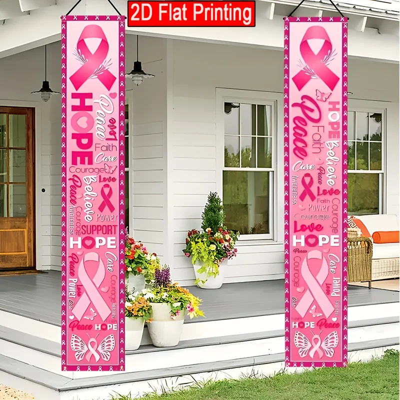 1 ensemble de bannières de porte en polyester rose avec ruban et papillon, pour la sensibilisation au cancer du sein, espoir, paix, foi, charité, décoration suspendue pour porche avant, paire