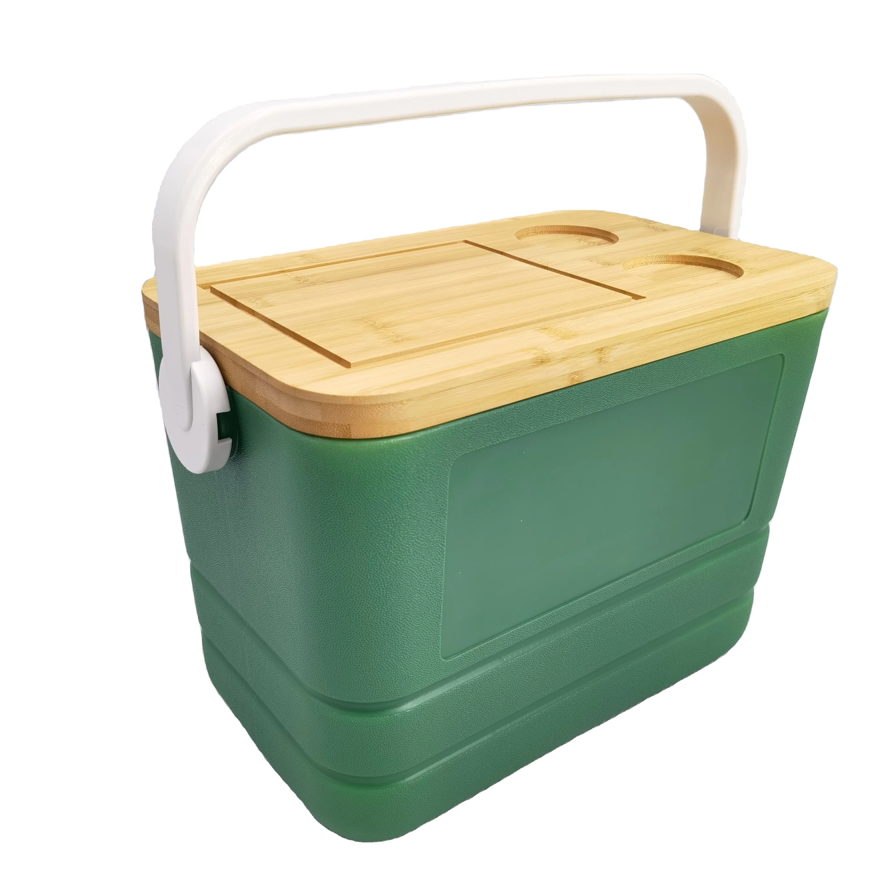 

Insulated PU And PE Food Cooler Thermal And Waterproof Lunch Box With Wooden Lid And Bamboo Cutting Board Logo Pattern Design