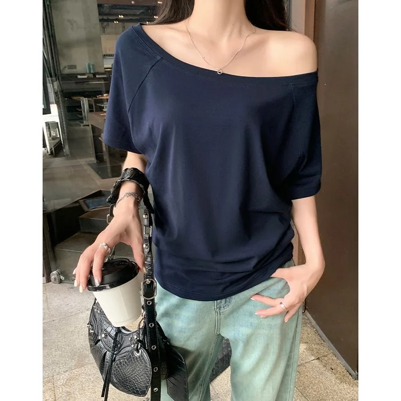 Spring Summer Women One Shoulder Short Sleeve T-shirt Slant Shoulder Wide Trim Base Tee Casual All-match Tops Fashion