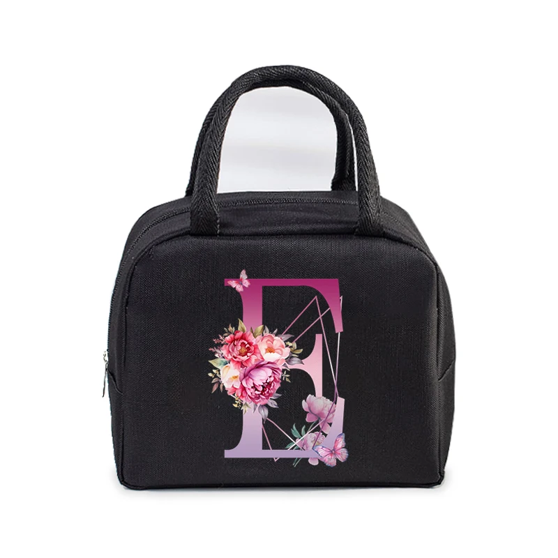 Bolsa de almuerzo portátil para mujer, bolso de mano con estampado de flores, con aislamiento térmico, con 26 letras, Unisex