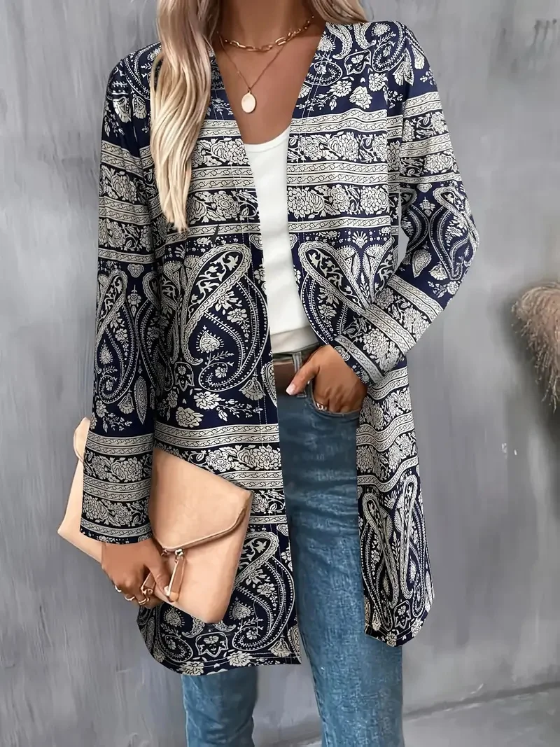 Women's Fashionable Long-Sleeved Thin Patterned Printed Cardigan Without Buttons