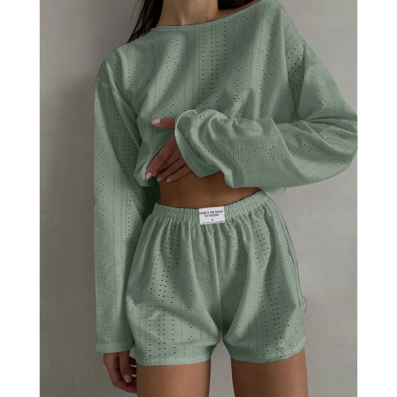 Pajamas for Women Summer Sleepwear Hollow Out Pajama Long Sleeve Tops Shorts Pyjama 2 Piece Set Homewear Nightwear Pijama Mujer