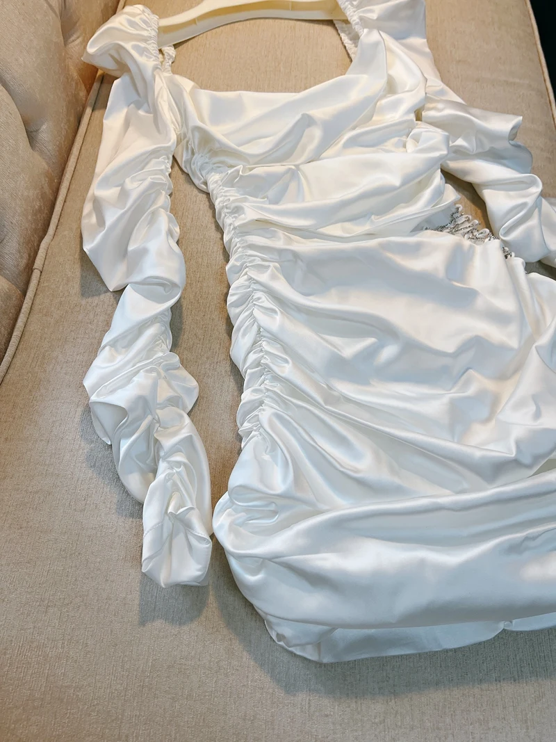 Witte uitgeholde tailleketting Diamond Thai Sexy Beach Vaion Dr Dames hoge taille ort Sve Zacht satijn A-lijn Dr