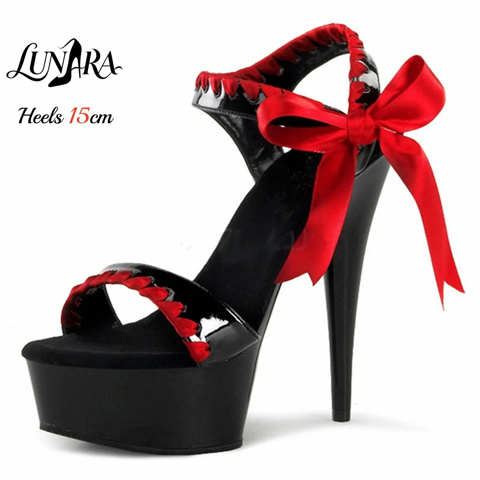 

15cm/6in Black Patent PU Platform Heel Sandals with Red Satin Bow Detail Open Toe Ankle Strap Sexy Nightclub Party Outfit