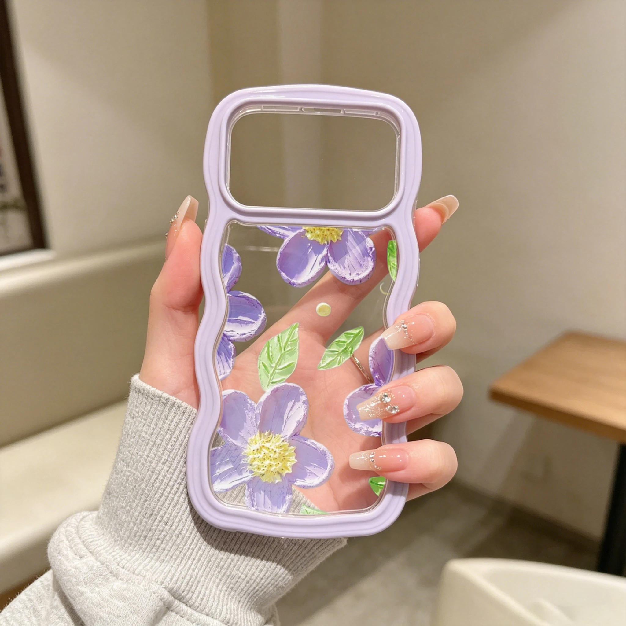 Cute Wavy Edge 2-in-1 Phone Case,   Cute Floral Phone Case, Purple Flower Pattern With Green Leaves,  Soft TPU Hard PC Clear Shockproof Cell Phone Cover Compatible with iPhone 12/13/14/15/16 Series