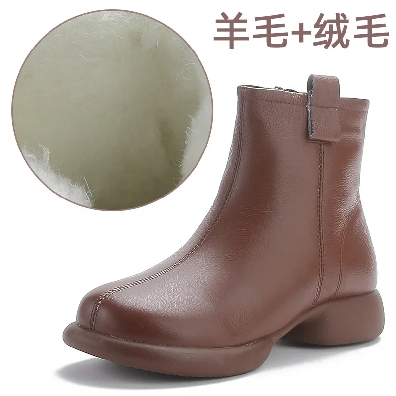 2024 Winter new style genuine leather thick-soled round-toe British style boots for women with thick heels