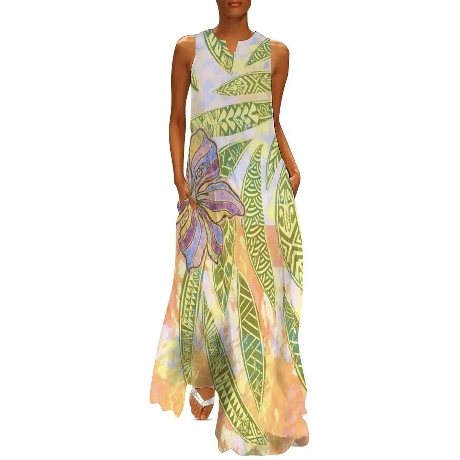 

Vintage Hawaiian - Samoan Ocean Green Painted Tribal Leaves Long Dress Elegant gowns summer dress korean women Dress