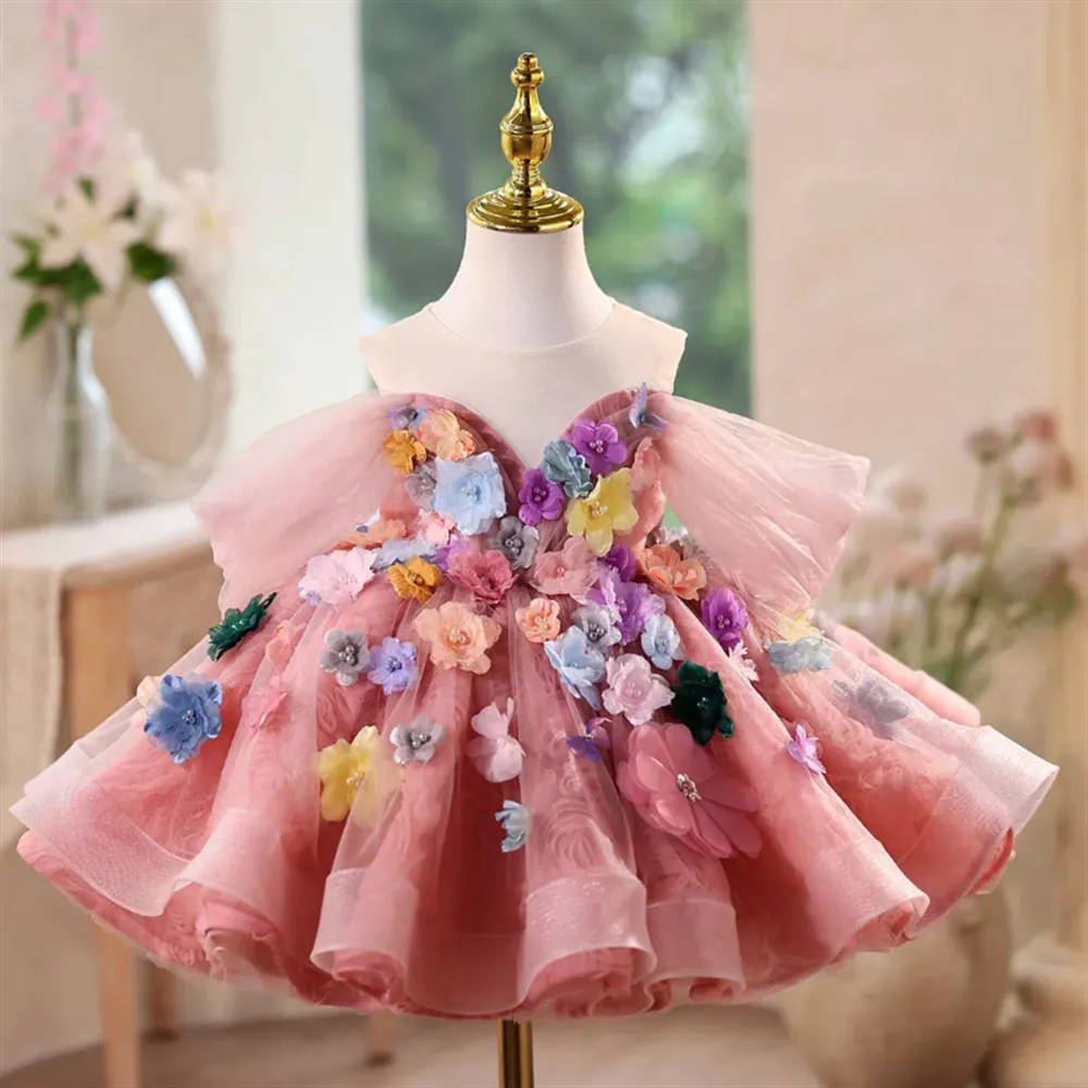 

Flower Girl Wedding Dress Colorful Flowers Appliques Pearls Bow Off Shoulder Puffy Princess Birthday Party Pageant Ball Gown