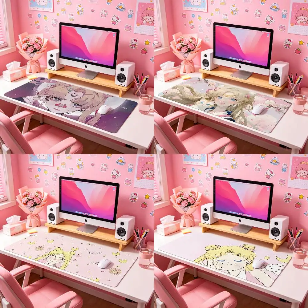Pink S-SailorS Cute M-MoonS-W Minimalist Pure White Oversized Desk Pad Waterproof Oilproof Keyboard Mat Office Writing Mousepad