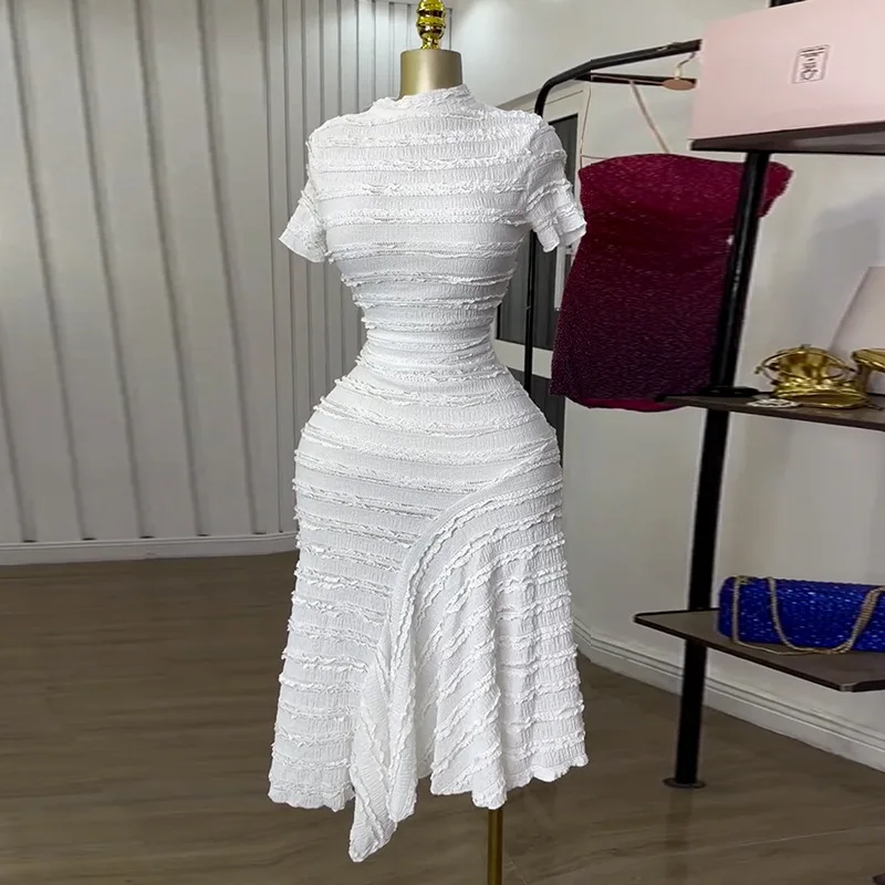 Women Short Sleeve 2025 New High Neck Big Swing Elastic Dress Sweet Elegant Sexy Birthday Night Party Vestidos Event Dresses - view 5