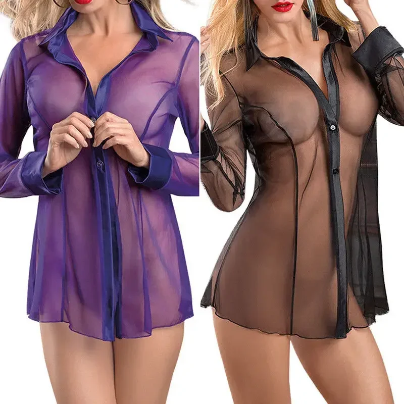 New Sexy Women\'s See Through Sheer Shirt Mesh Blend Lingerie Sleepwear Robe Nightwear Shirt Dress Erotic Solid Ladies Pajamas