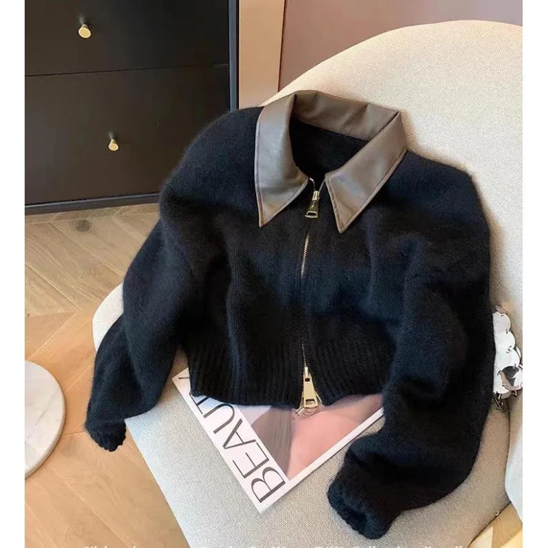 Spliced Leather Collar Knit Sweater Fashion Double Zipper Cardigan Women\'s Autumn/Winter New Soft Vintage Long Sleeve Streetwear