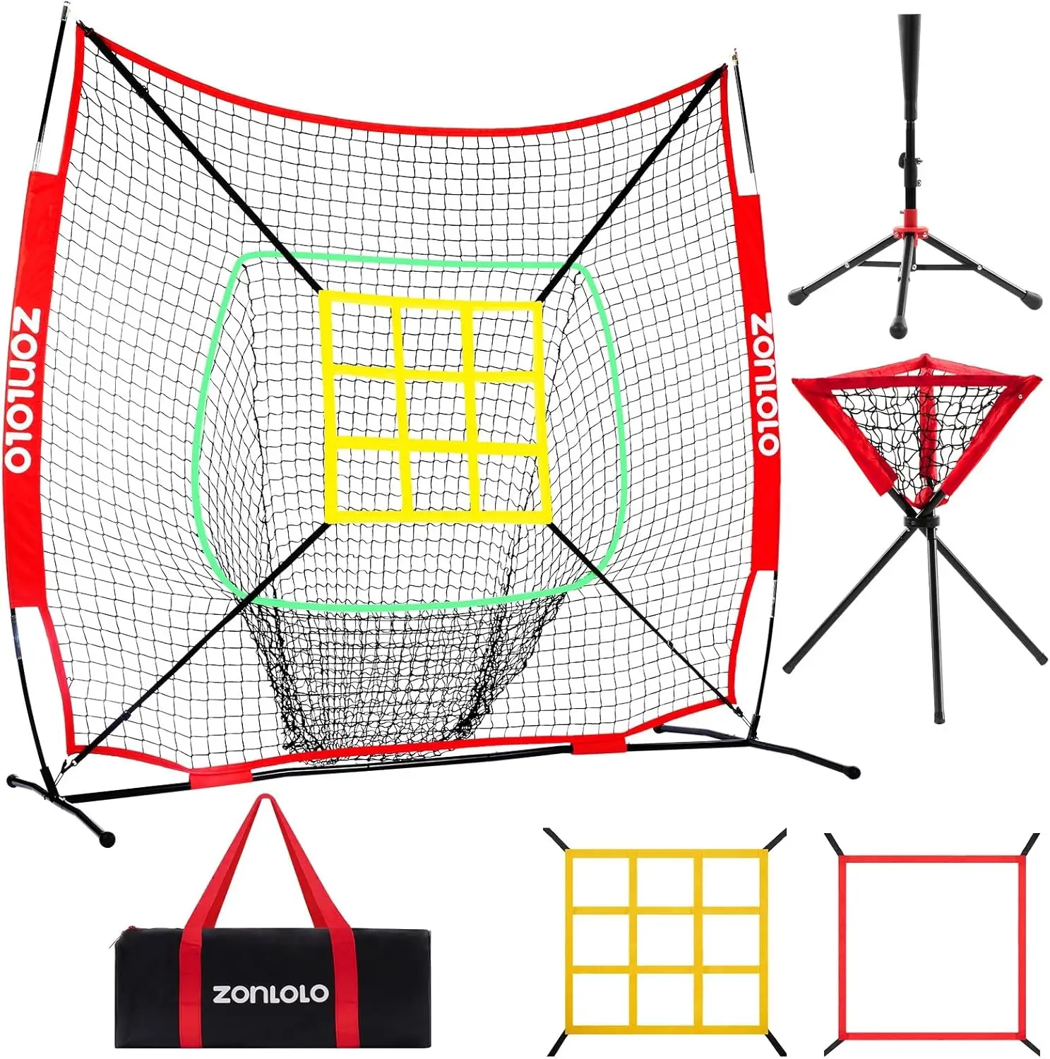 

6x6ft Portable Baseball & Softball Net for Hitting, Pitching and Throwing, with Sturdy Bow Frame, Batting Tee, Ball Caddy and 2 Strike Zones, Perfect for Kids!