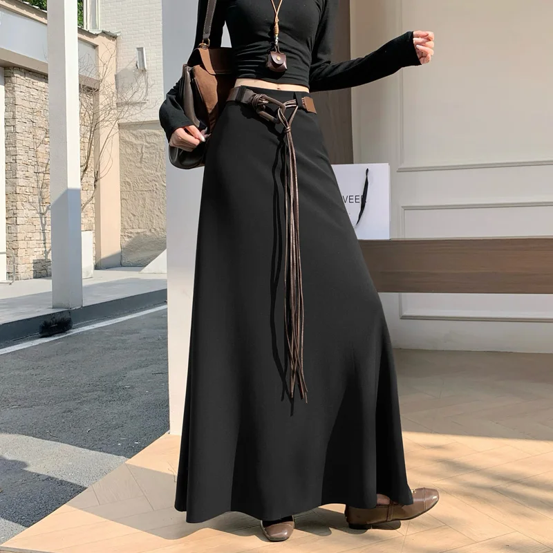 

Retro Blazer Midi Skirt for Women, 2025 Fall Winter High Waist A-Line Skirt with Draping Elegant Long Casual Skirt