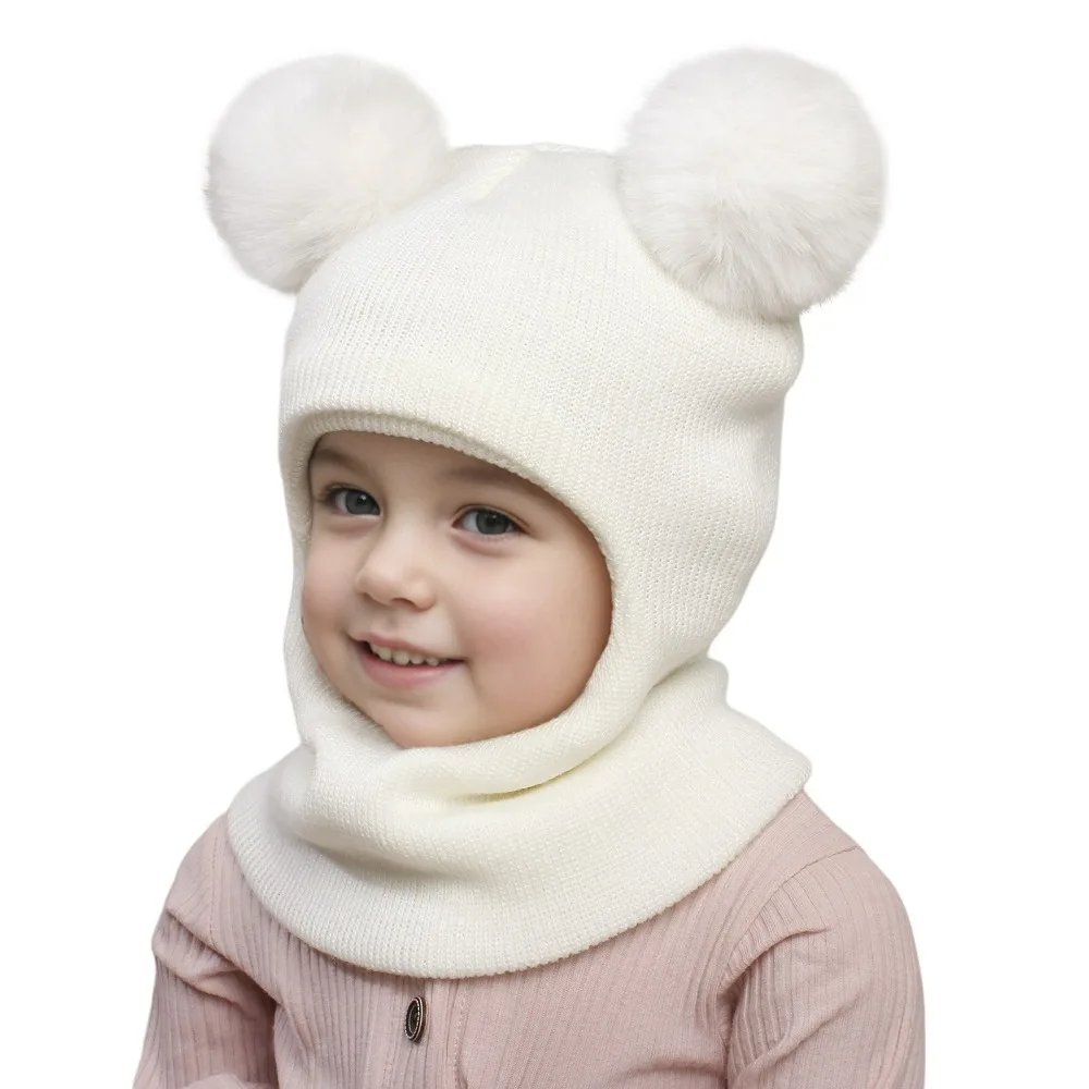 Pompom Baby Winter Hat Scarf One-piece Kids Knitted Beanie Warm Ears Neck Children Bonnet Infant Cap for Girls Boys 1-5Years