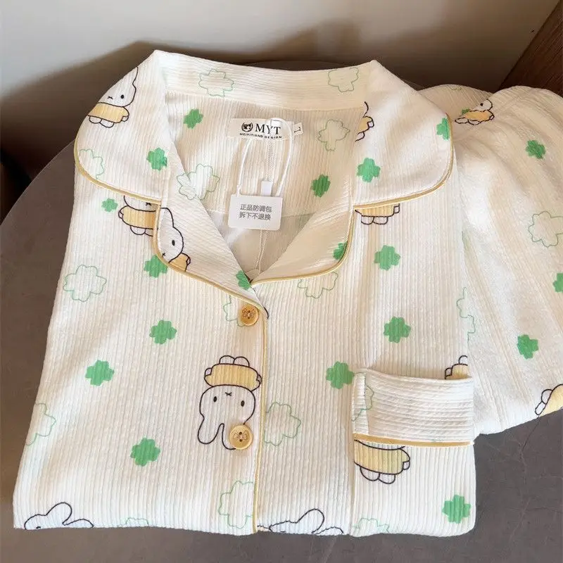 

Miffy Cartoon Women Sleepwear Soft Breathable Tencel Cotton Fabric Rabbit Print Notch Lapel Front Button Long Sleeve Pajama